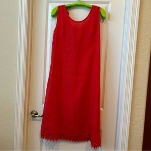 Rose Marine coral linen unlined dress Sz M matching hem lace